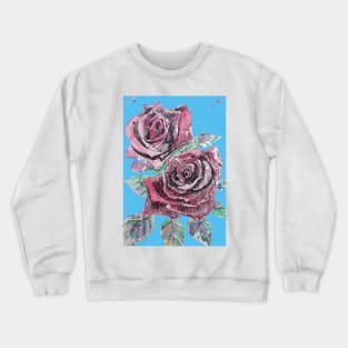 Red Rose Watercolor Painting on Blue Crewneck Sweatshirt